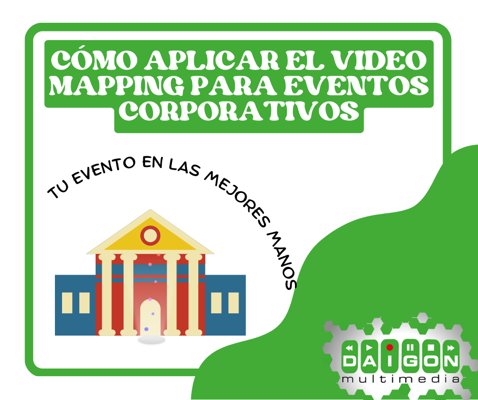 Dibujo de un edificio con una proyección de video mapping y el título: "Cómo aplicar el vídeo mapping para eventos corporativos"