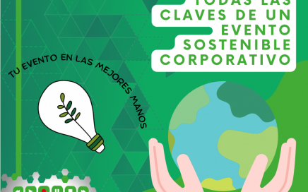 Imágenes de ilustración de sostenibilidad con el título: "Todas las claves de un evento sostenible corporativo" y el logo de Daigon Multimedia, productora y organizadora de eventos de empresa