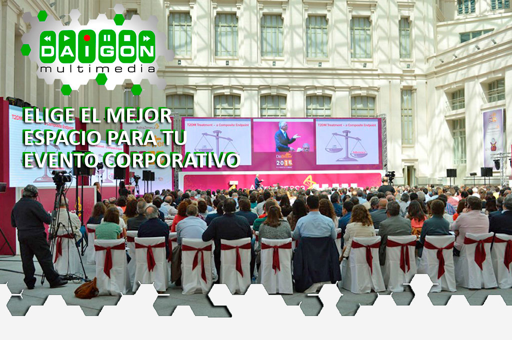 Imagen del Palacio de Cibeles en Madrid, donde tuvo lugar un evento corporativo organizado por Daigon Multimedia. Aparece el logo de Daigon en la parte superior izquierda y el texto: Elige el Mejor Espacio para tu Evento Corporativo.