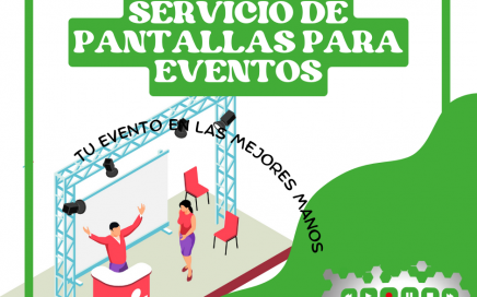 Imagen de un dibujo donde un ponente presenta en un escenario frente a una pantalla. Se puede leer el título: "Servicio de pantallas para eventos"