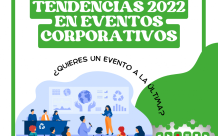 Imagen de un evento corporativo con presentación digital en pizarra, mesa redonda y el texto "Tendencias 2022 en eventos corporativos" y el logo de Daigon Multimedia en la parte inferior, productora de eventos empresariales en Madrid